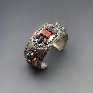 R Wylie Navaho, Coral, Turquoise and Silver Cuff Bangle