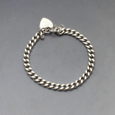 Silver Curb Chain Heart Padlock Bracelet 