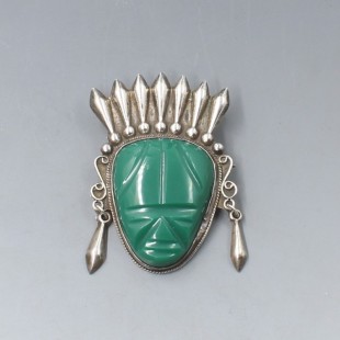 Mexico Jade and Silver Warrior Mask Brooch