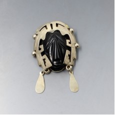 Mexico Onyx and Silver Warrior Mask Brooch