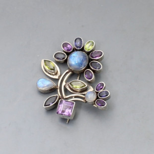 Silver Multi Gem Flower Brooch