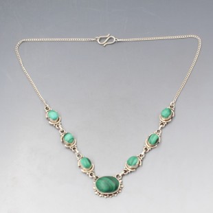 Malachite Ovals and Silver Necklace