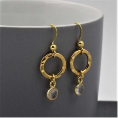 Gold Circle Earrings with Clear Quartz Drops