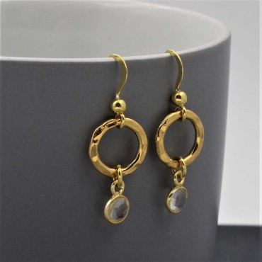 Gold Circle Drop Earrings with Clear Quartz