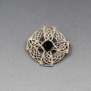 Scottish Celtic Onyx and Sterling Silver Brooch