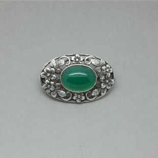 Bernard Instone Style Oval Green Chrysoprase and Silver  Brooch 