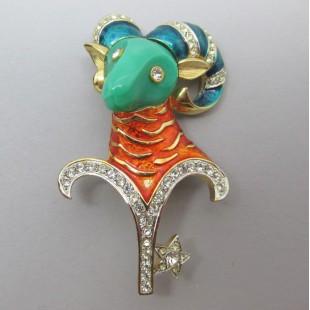 Vintage DeNicola Zodiac Aries Ram Brooch - Crystal, Enamel and Goldtone