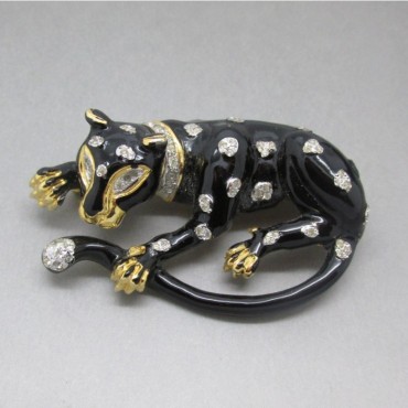 Vogue Black Enamel and Crystal Panther Brooch