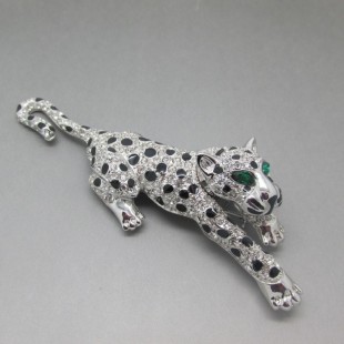 Panther Brooch with Diamante Crystals, Green Eyes and Black Spots 
