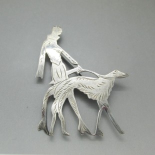 Large Borzoi and Lady Dog Walker  Silver Brooch