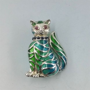 Shipton and Co Ruby, Sapphire, Silver and Enamel Cat Brooch