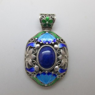 Chinese Silver and Enamel Pendant with Lapis Lazuli Cabochon