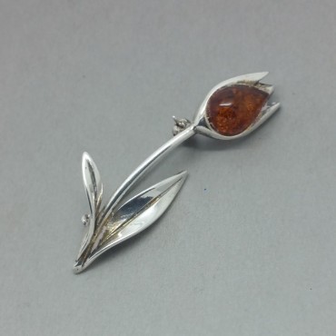 Delicate Amber and Sterling Silver Tulip Brooch
