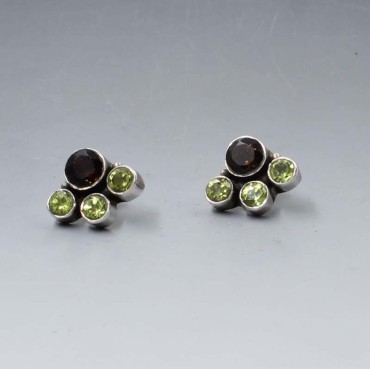 Peridot, Smokey Topaz, and Silver Stud Earrings