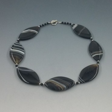 Banded Agate and Sterling Silver Bead Necklace