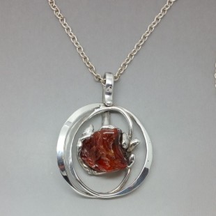 Stunning Large Modernist  Danish Amber and Sterling Silver Abstract Circle Pendant