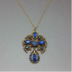 Blue Crystal and Gold Tone Floral Drop Necklace