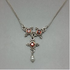 Pretty Red Garnet, Pearl Drop , and Sterling Silver Necklace