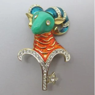 Vintage DeNicola Zodiac Aries Ram Brooch - Crystal, Enamel and Goldtone