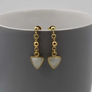 Rainbow Moonstone Triangles Gold Drop Earrings
