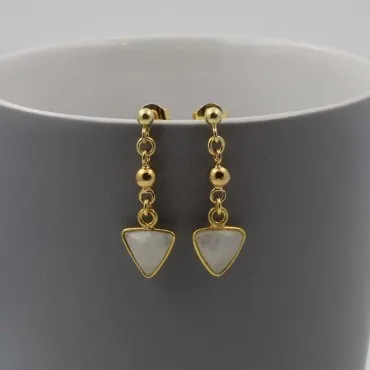 Rainbow Moonstone Triangles Gold Drop Earrings