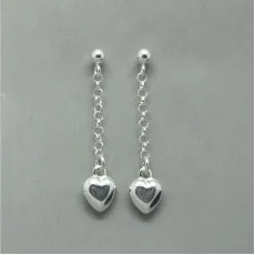 Delicate Sterling  Silver Puffed Heart Chain Drop Earrings