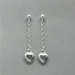 Delicate Sterling  Silver Puffed Heart Chain Drop Earrings