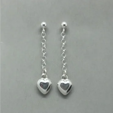 Delicate Sterling  Silver Puffed Heart Chain Drop Earrings