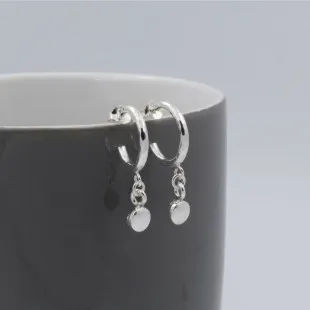 Sterling Silver Hoop Solid Disc Drop Earrings