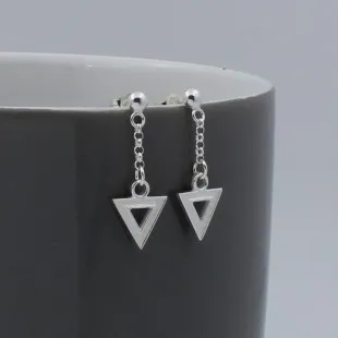 Silver Textured Triangle Short Chain Drop Earrings