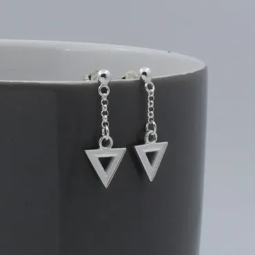 Silver Textured Triangle Short Chain Drop Earrings