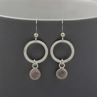 Silver Circle Earrings with Rose Quartz Drops