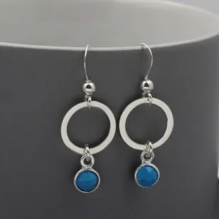 Silver Circle Earrings with Turquoise Drops