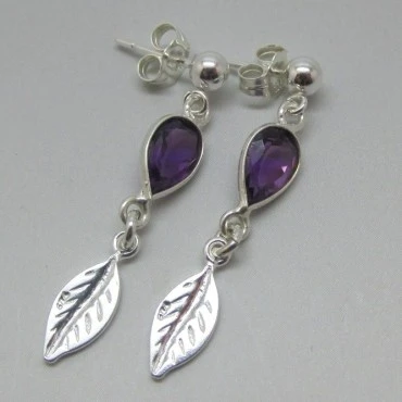 Amethyst and Silver Leaf Drop Earrings