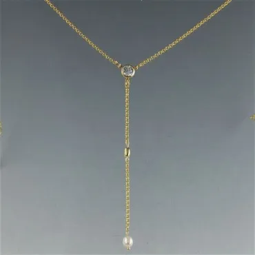 Delictate Pearl Drop, Clear Crystal and Gold Vermeil  Lariat Necklace