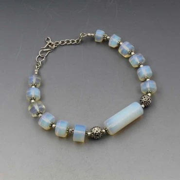 Czech Opalite Glass Beads and Sterling Silver Bracelet
