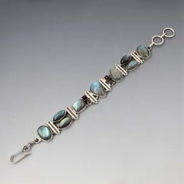Multi Labradorite, Garnet Silver Bracelet