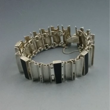 Black Onyx and Sterling Silver Mexico Art Deco Style  Bracelet