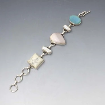  Biwa Pearl, Agate, Druzy and Sterling Silver Bracelet