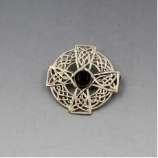 Scottish Celtic Onyx and Sterling Silver Brooch