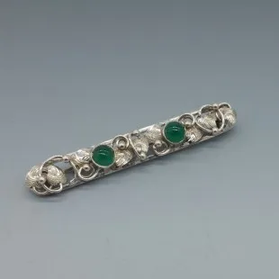 Green Chrysoprase and Silver Floral Brooch