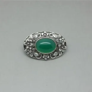 Bernard Instone Style Oval Green Chrysoprase and Silver  Brooch 