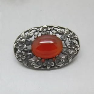 Bernard Instone Style Oval Carnelian and Silver Brooch 