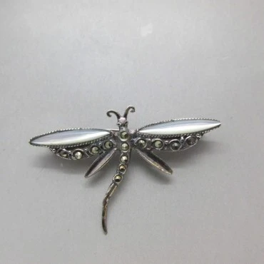 Dragonfly Mother of Pearl Silver Vintage Brooch