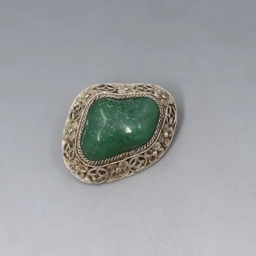 Chinese Jade and Silver Brooch