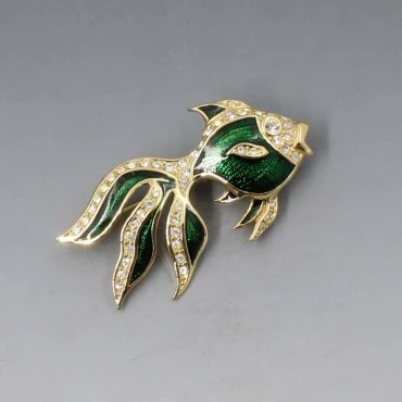 Green Enamel and Crystal Fish Brooch