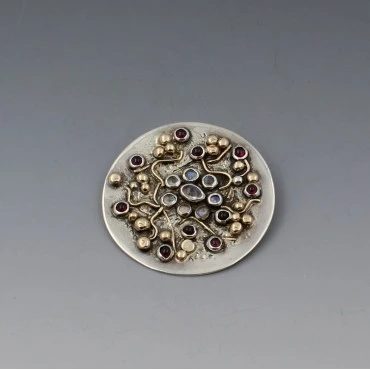  Van Peterson Moonstone and Garnet Silver Brooch