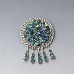 Mexico Silver and Crushed Turquoise Brooch or Pendant