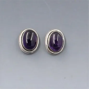 Amethyst Silver Oval Stud Earrings