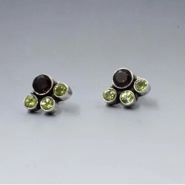 Peridot, Smokey Topaz, and Silver Stud Earrings